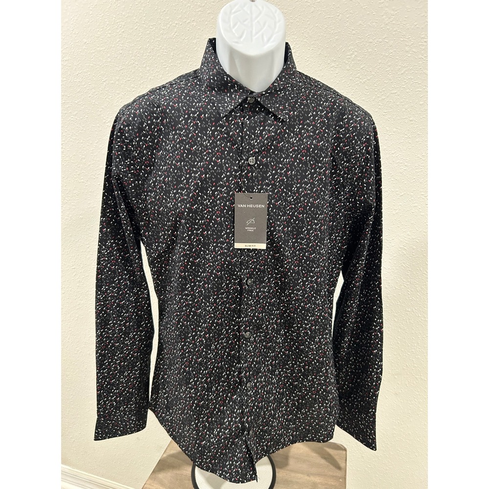 VAN HEUSEN Men Slim Fit Wrinkle Free Long Sleeve Button Down Shirt M Black Ditsy